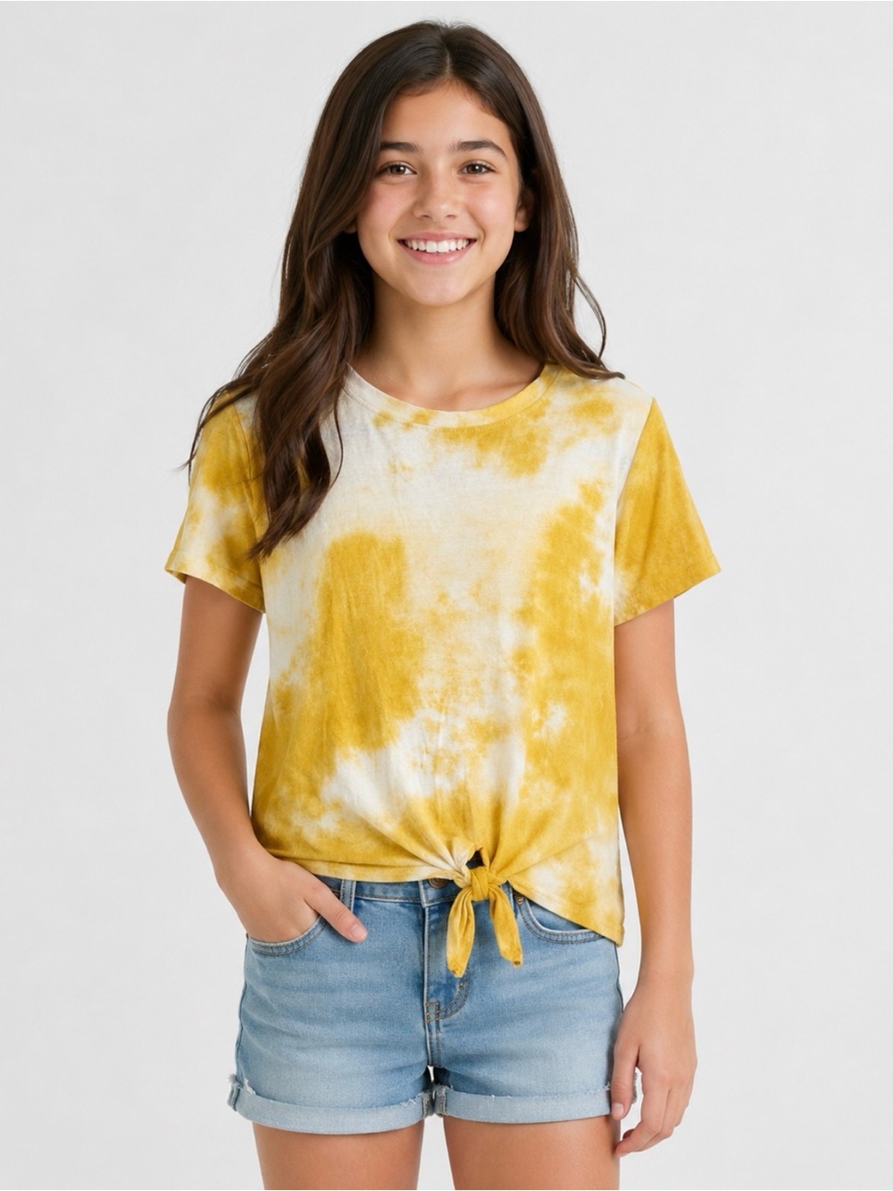 Mustard Yellow Tie Dye Knot Front T-Shirt Top XL Boho Y2K Festival Casual